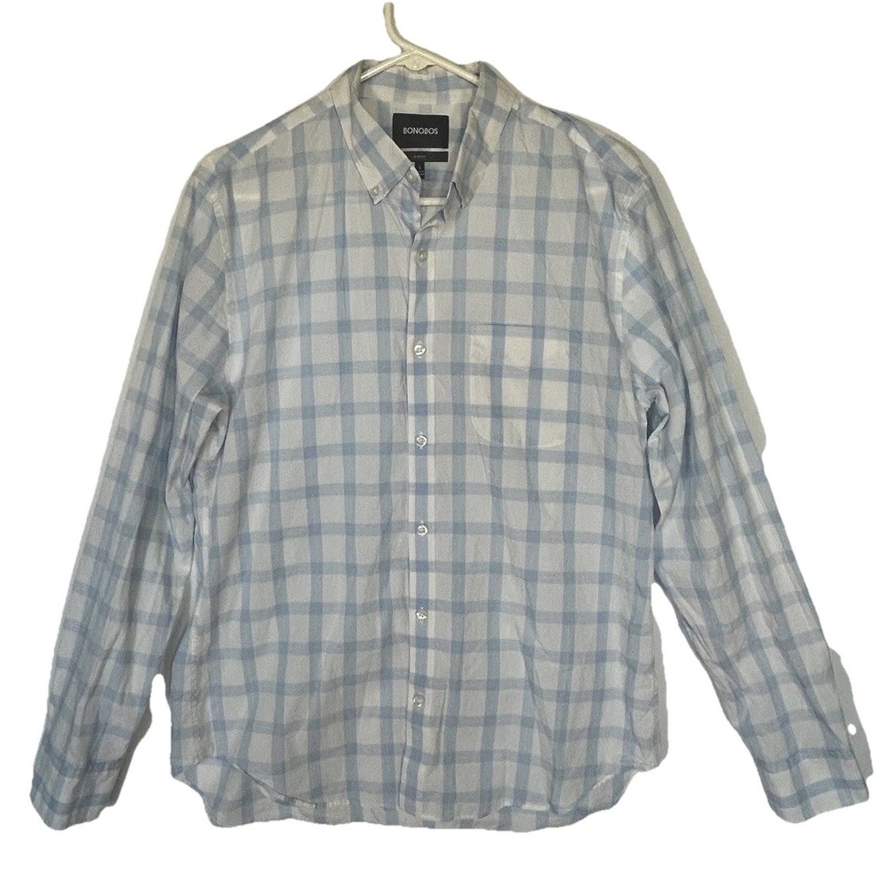 Bonobos Men's Shirt Slim Fit Button Down Blue White Check Size Large READ***